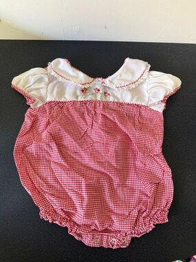 Red Gingham Baby Romper with Embroidered Chick Detail vintage